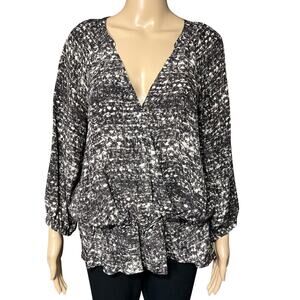 Joie Womens Silk Surplice Faux Wrap Peplum Blouse Top Shirt Black Gray Small